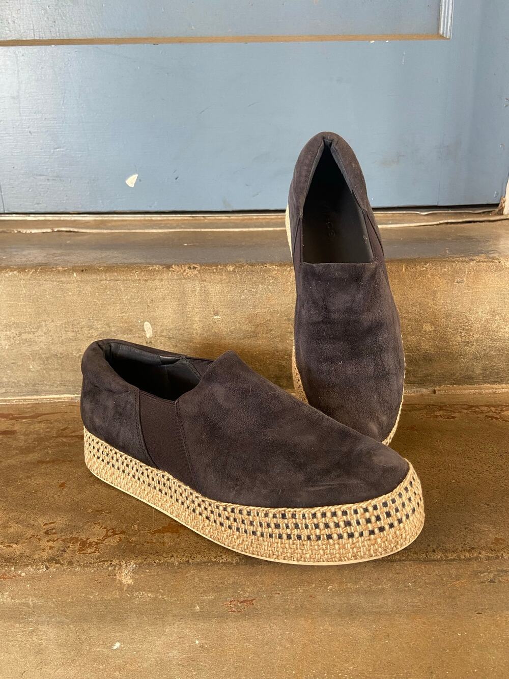 Vince Wilden navy suede platform espadrille slip in loafers w/ elastic inset